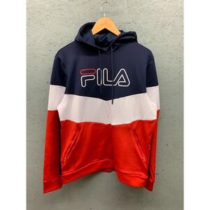 FILA Men's Colorblock Hoodie Navy White Red Logo Pullover Sweatshirt Size M‎